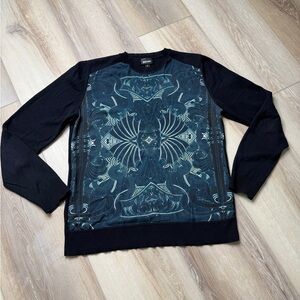 Just Cavalli Graphic Sweater Navy Blue With Blue Baroque Print -Size M